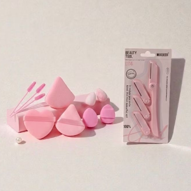Kit Esponja de Veludo+Mini Esponjas Para Olhos+Escovinhas de Sobrancelha+Lâmina facial-Navalha+ Uso Diário,Kit Maquiagem