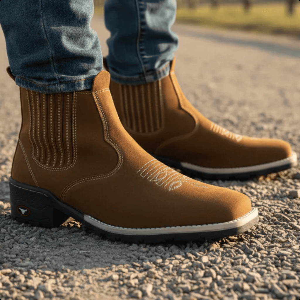 Bota Botina Texana Country Ferreira César Couro Legítimo Cano Médio Bordada