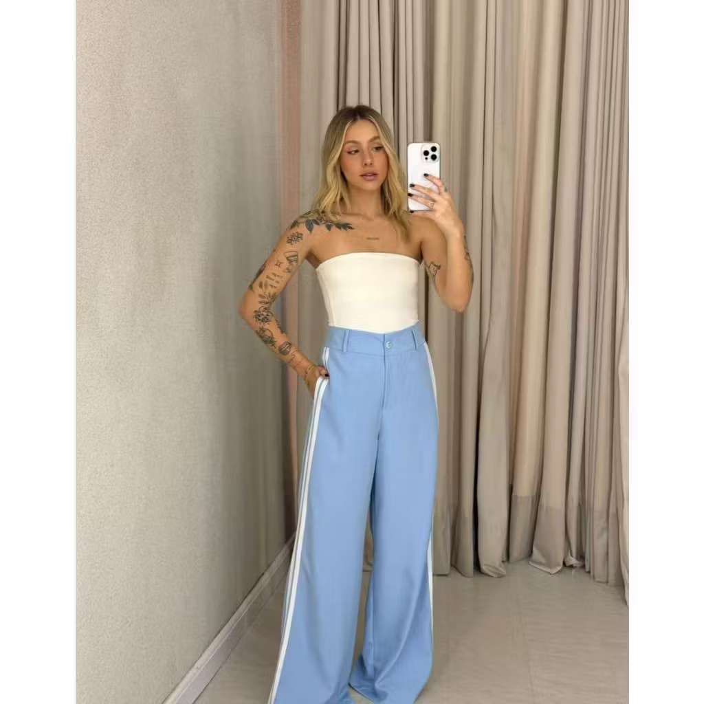 calça pantalona wide leg trackpants listra lateral teendencia blogueira