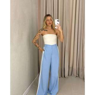 calça pantalona wide leg trackpants listra lateral teendencia blogueira