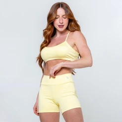 Conjunto Fitness Feminino Top Short Slim Zero Transparência Cós Alto - Amarelo Manteiga