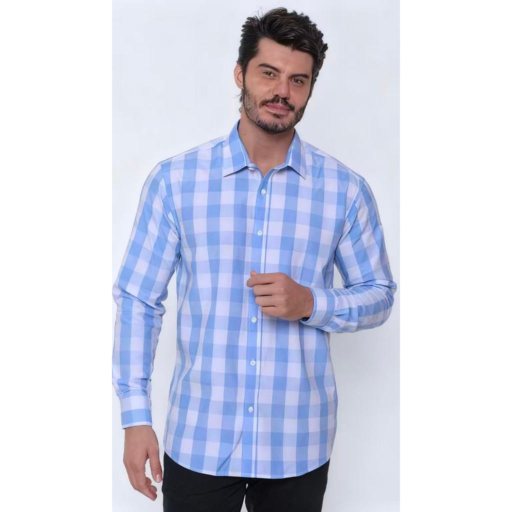 Camisa masculina casual xadrez de manga comprida