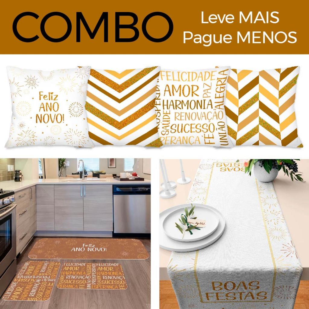 KIT 04 CAPAS DE ALMOFADAS + KIT 3 TAPETES DE COZINHA + TRILHO DE MESA - HAPPY NEW YEAR