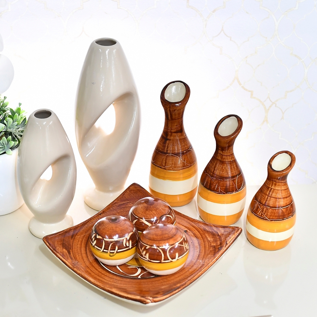 Kit Dupla e Centro de mesa 9 peças Conjunto Cerâmica Enfeite Rack Completo Decorativas vasos centro