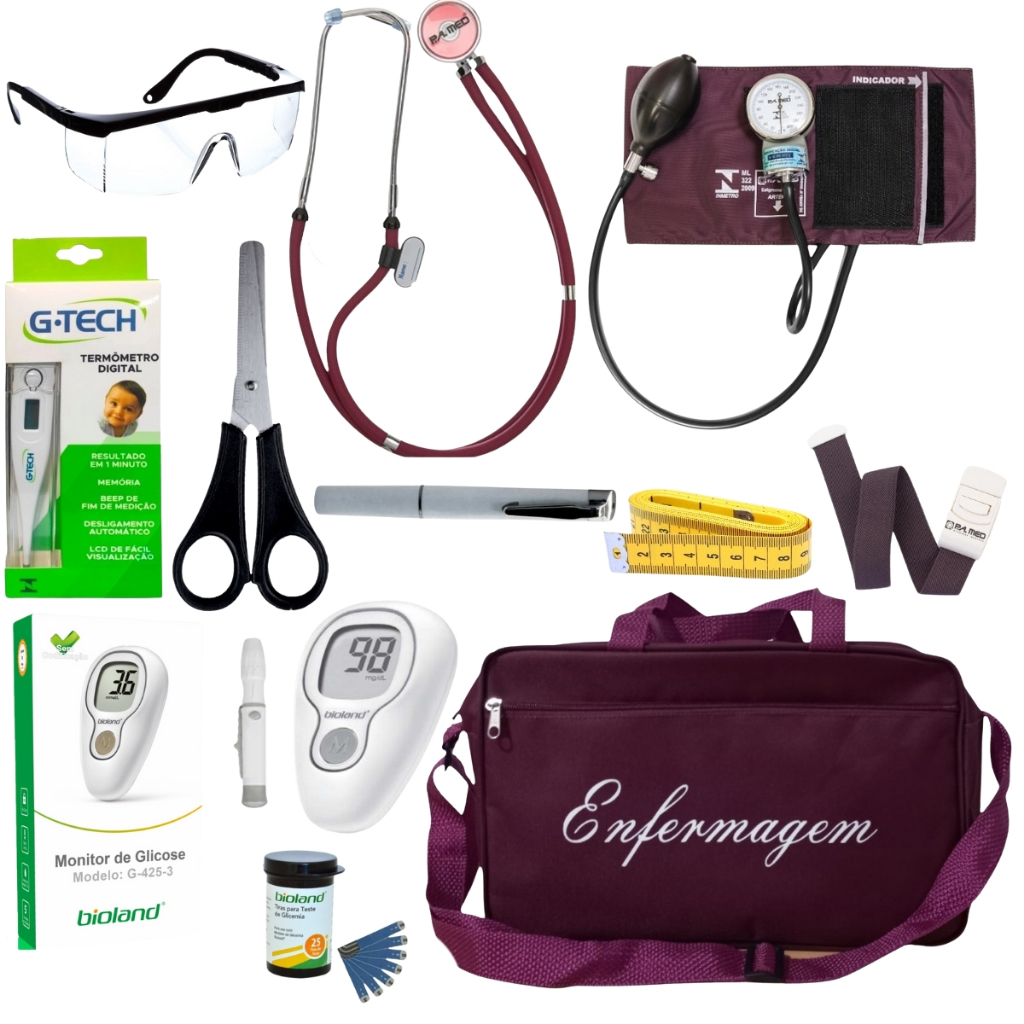 Kit de Enfermagem Bordô p.a med com medidor de glicose esfigmomanômetro e estetoscópio