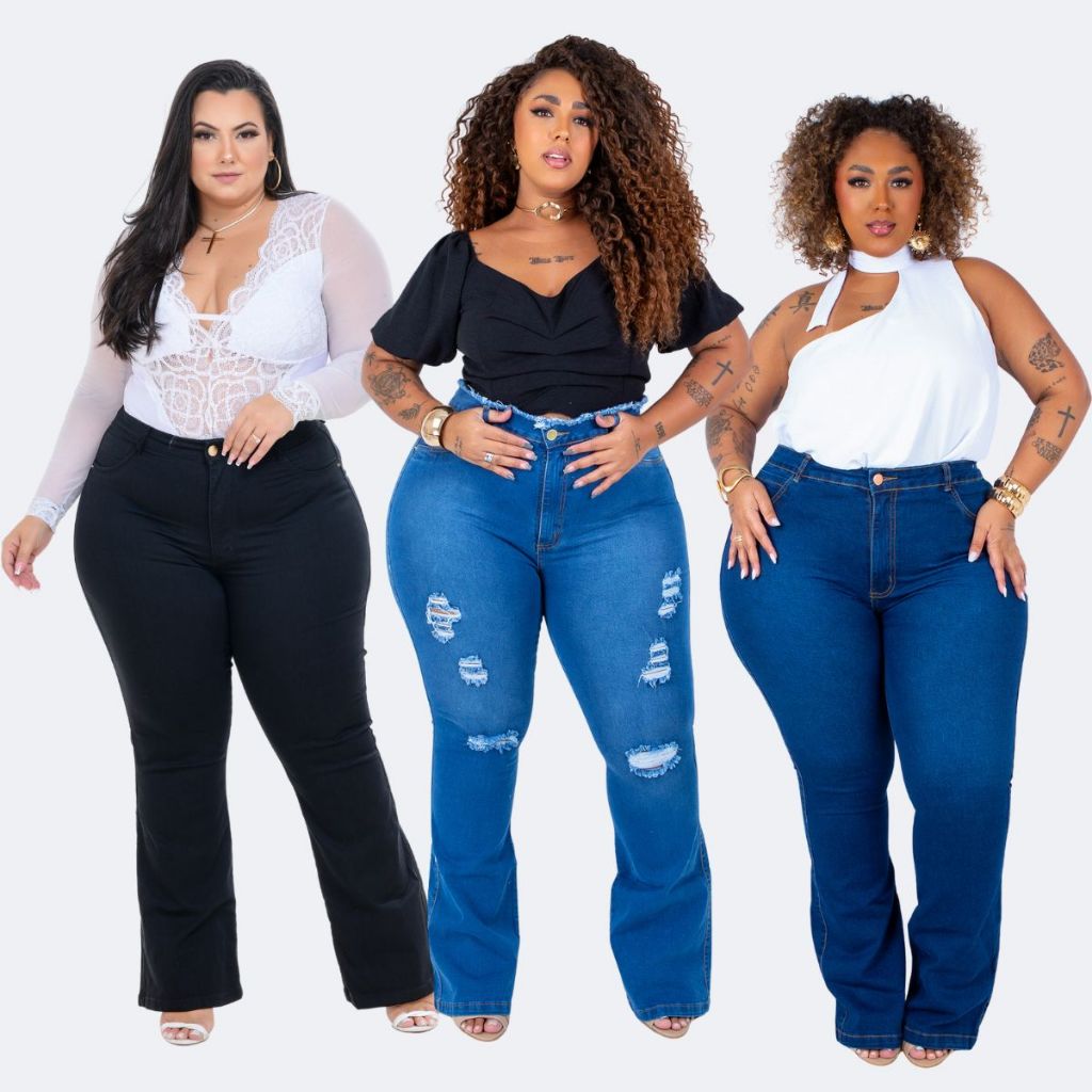 Calça Jeans Plus Size Flare Boca Larga Cintura Alta Levanta Bumbum com Lycra em Oferta na Shopee