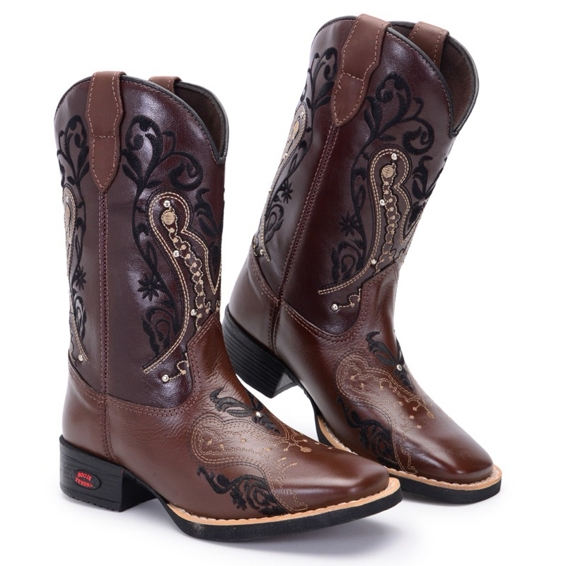 Bota Texana Feminina Bordada Country com Cravinhos Estilosa Confortável em Oferta na Shopee