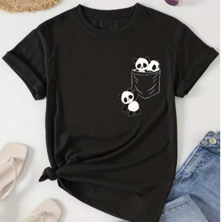 Camiseta Feminina Básica Estampada Pandas Slim Moda Verão Primavera Algodão Manga Curta em Oferta na Shopee