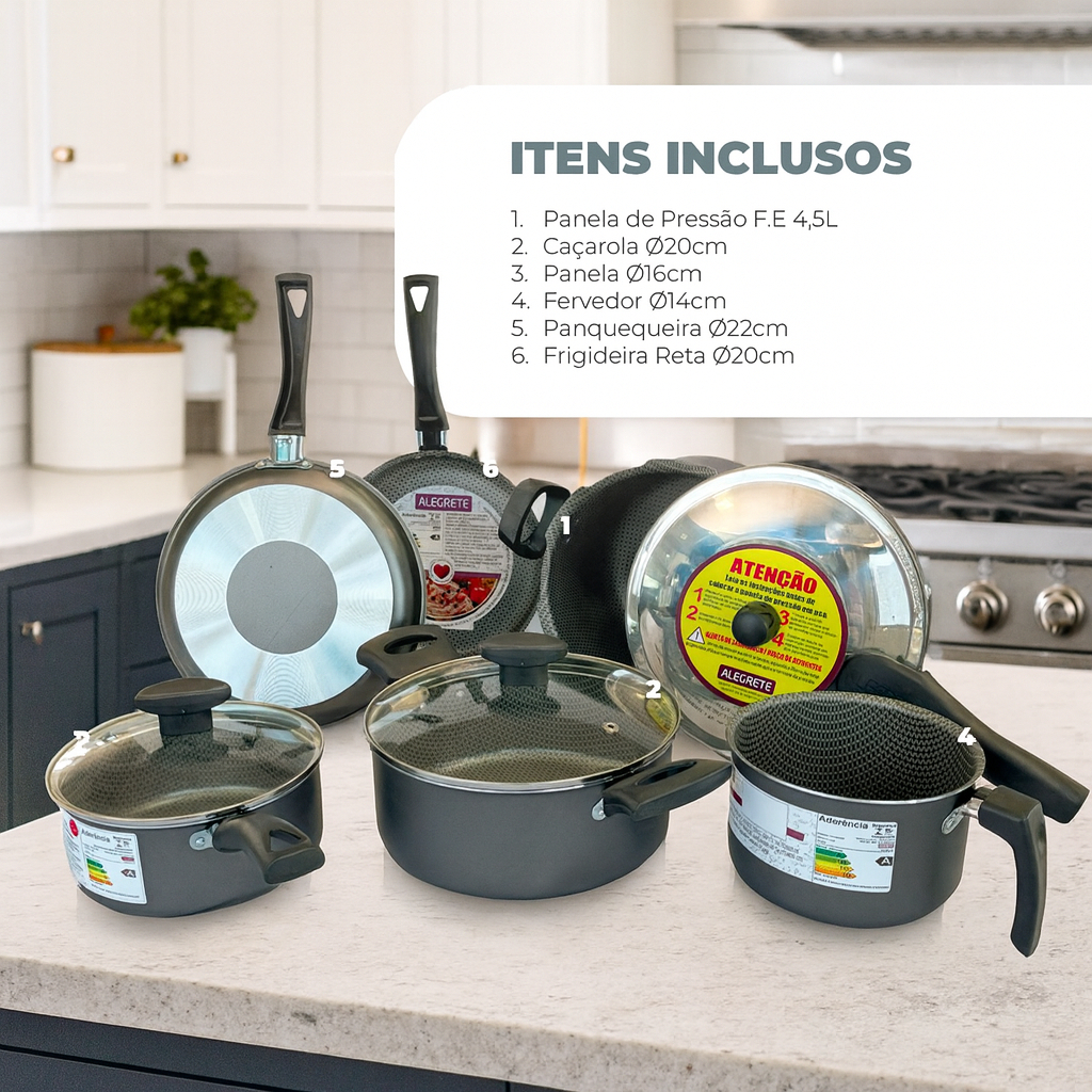 Conjunto de Panelas Antiaderente com Panela de Pressão 6 Peças