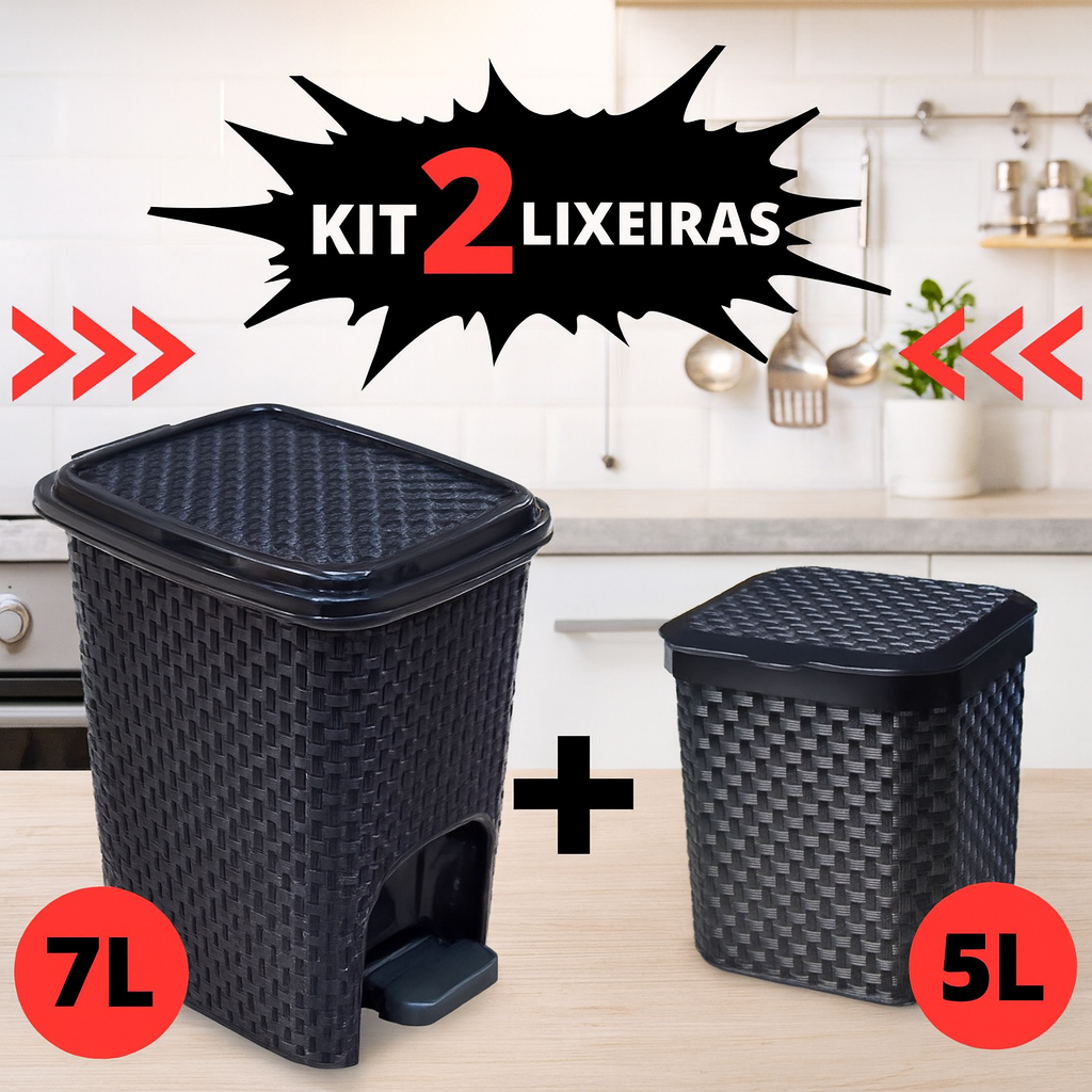 Kit Lixeira Rattan com Pedal 7 Litros + Lixeira de Pia com Tampa 5 Litros
