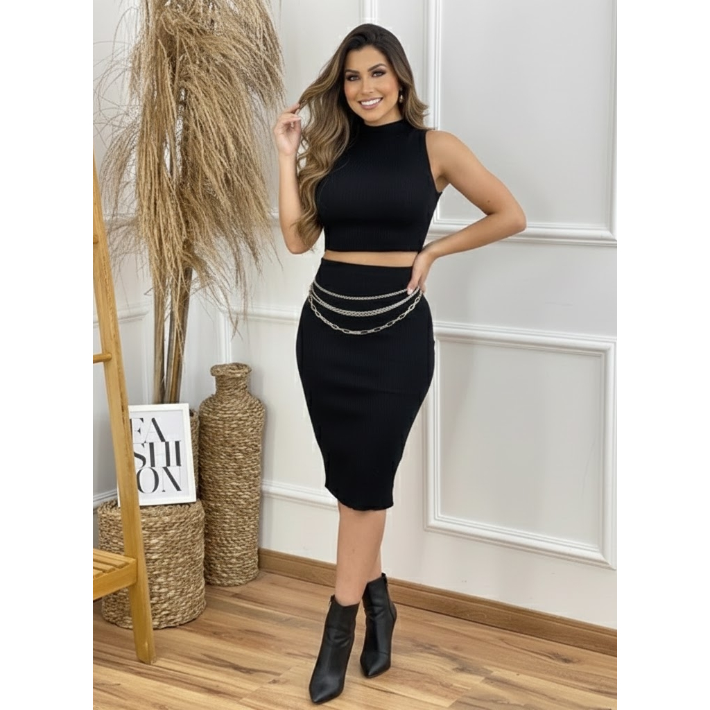 Conjunto Feminino Cropped e Saia Midi Tecido Canelado Premium Elegante e Casual Festa