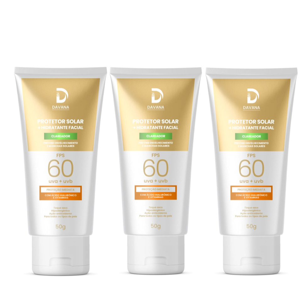 3x Protetor Solar Facial FPS 60 + Hidratante com Acido Hialurônico 50g - Proteção Imediata DAVANA