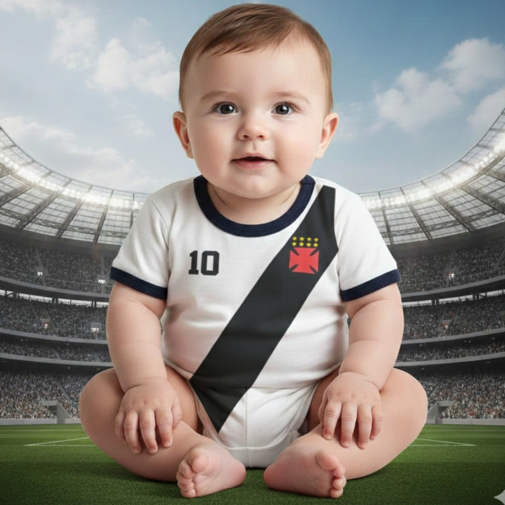 Body VASCO Branco da Gama Fantasia Bory Bebê Temático Mesversario Futebol 100% Algodão