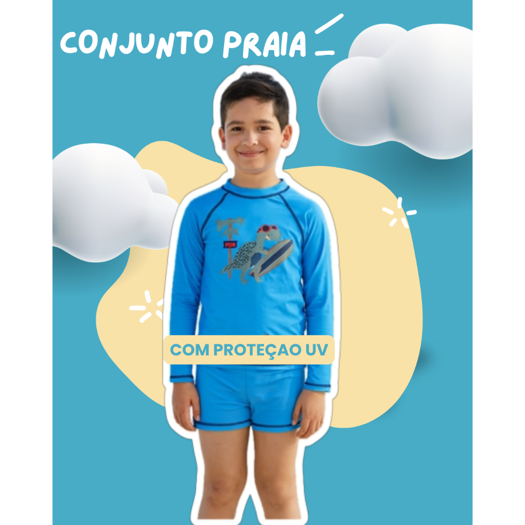 Conjunto praia mar piscina menino dino sol sunga blusa proteção uv sol natação agua verão viagem sunga ajustavel
