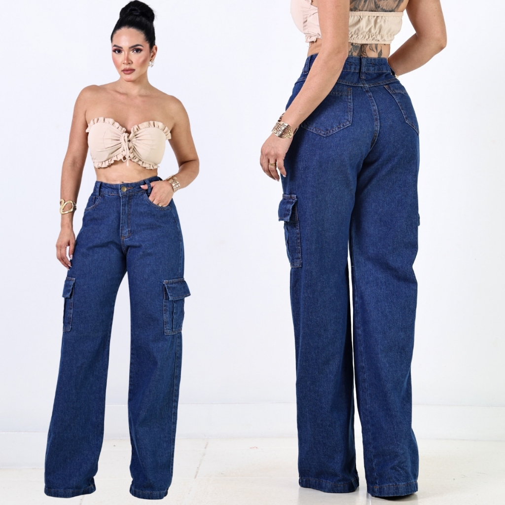 Calça Jeans Feminina Wide Leg Cargo Cintura Alta com Bolsos Laterais - Camarote Jeans