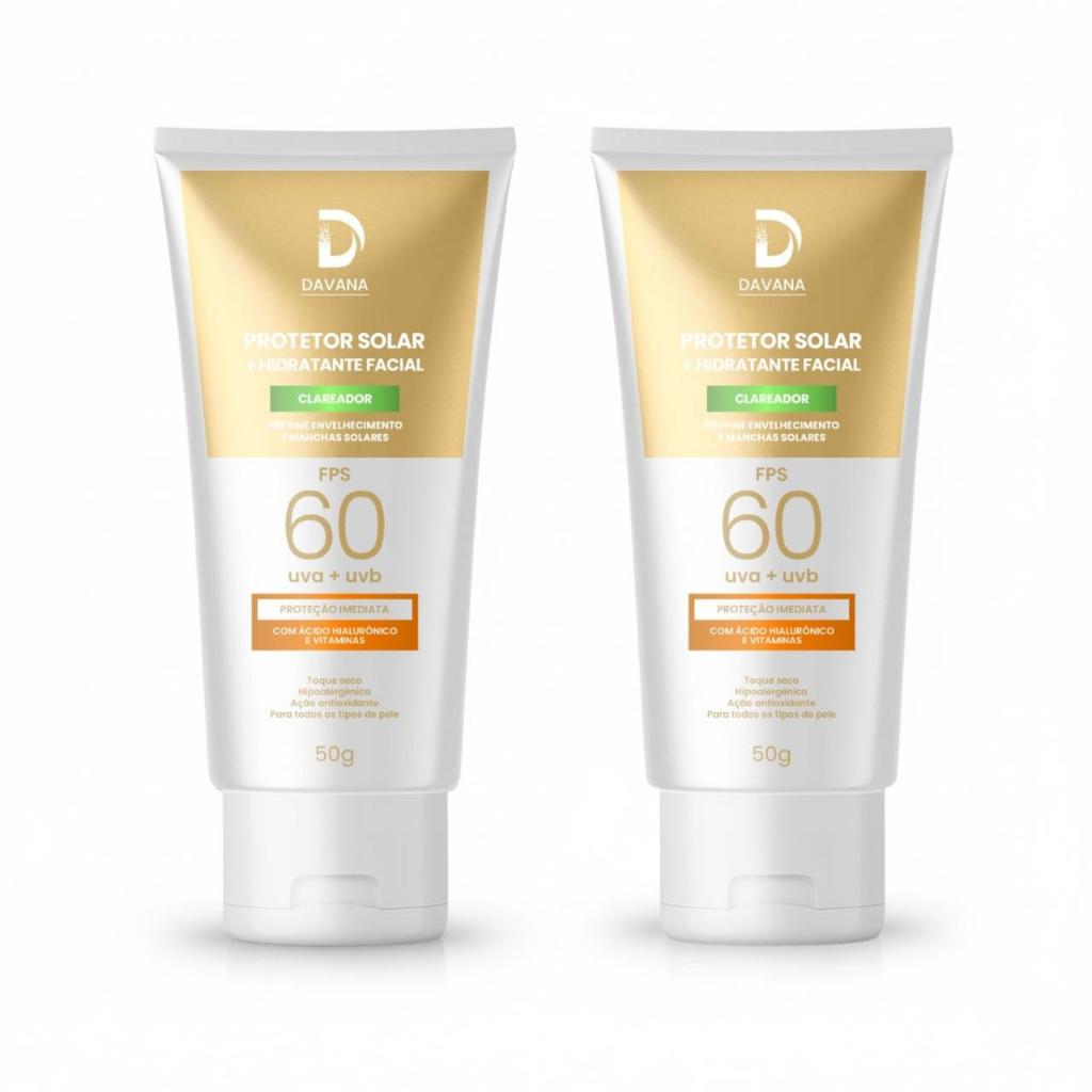 KIT 2 Protetor Solar Facial 50g DAVANA FPS 60 + Hidratante + Acido Hialurônico e Vitamina e Proteção