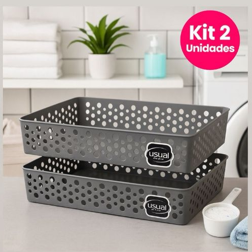 Kit 2 Cestos Organizadores G Rattan 34x25,5X6,5 Gaveta Cesto Organizador - Usual Utilidades