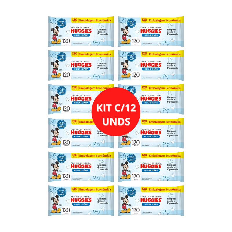 Kit C/12 Toalhas Umedecidas Huggies tripla proteção Higiene diária 120un cada em Oferta na Shopee