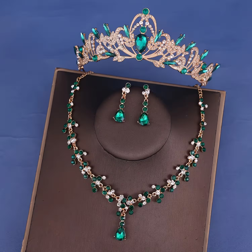 4 Peças de Tiara com Strass VERDE e Conjunto Joias Coroa VERDE - Acessórios para Princesa, Casamento, Baile de Formatura
