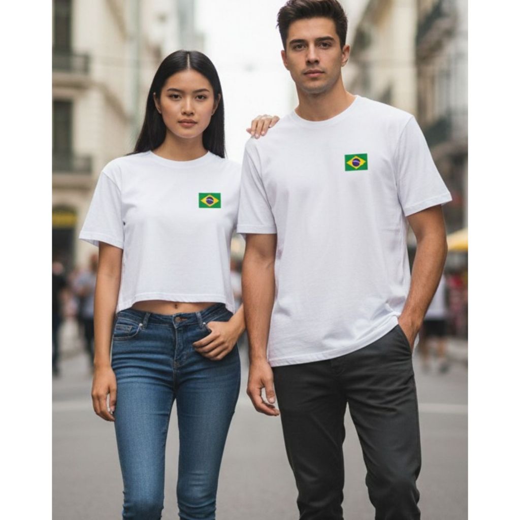 Kit Casal para Copa do Mundo Camisa + Cropped Bandeira do Brasil Seleção Brasileira Algodão Blusa Básica