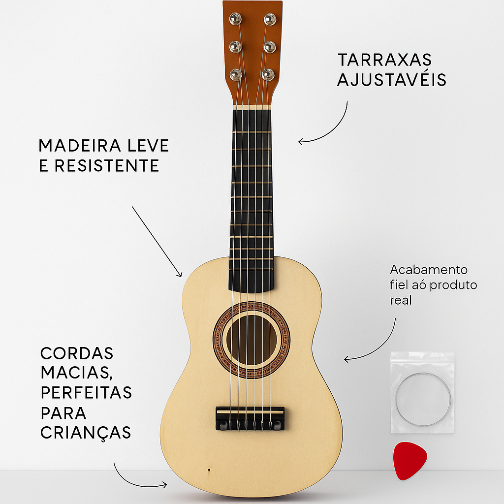 Violão Infantil Cordas Em Aço Corpo Em Madeira Brinquedo Qualidade Premium Afinação Ajustável
