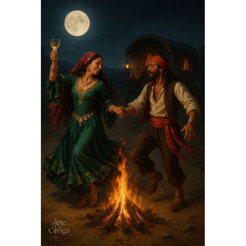 QUADRO DECORATIVO PLACA MDF-CASAL CIGANO DANÇANDO A NOITE NA FOGUEIRA