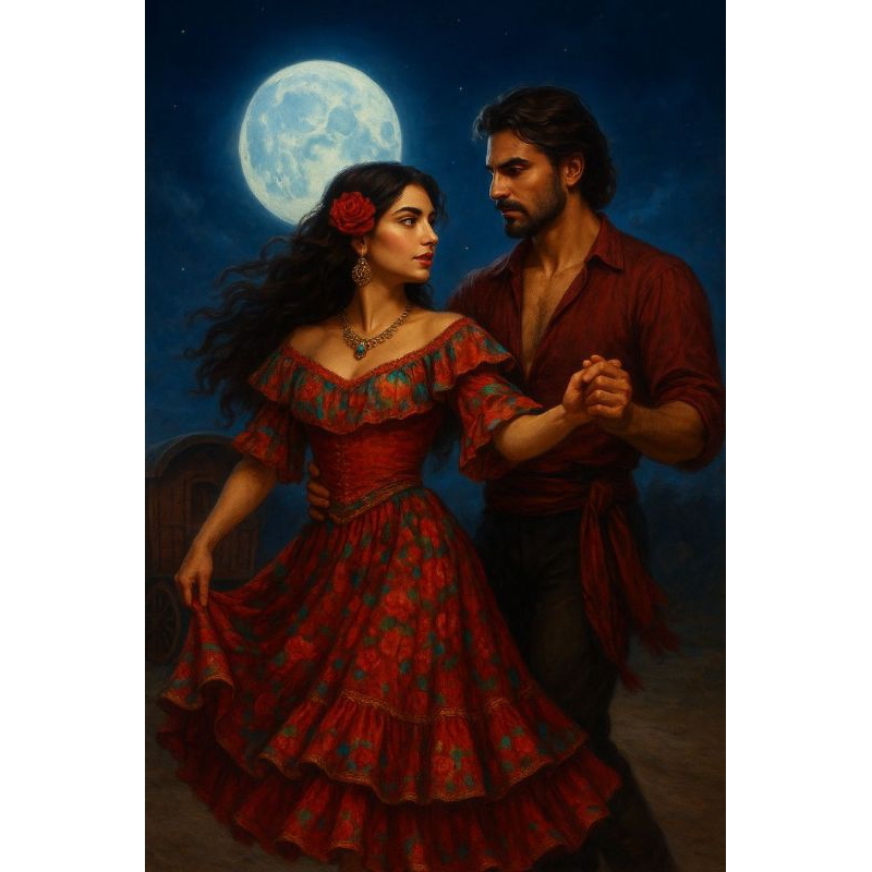 QUADRO DECORATIVO PLACA MDF-CASAL CIGANO VERMELHO DANÇA EM NOITE DE LUA CHEIA