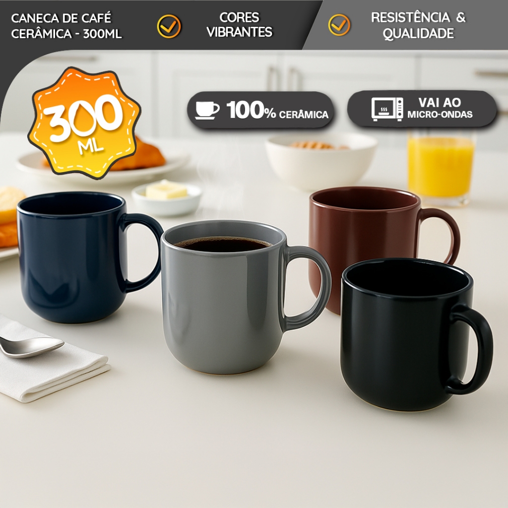 Kit 4 Canecas 300ml Coupe – Cerâmica Colorida Premium Café Chá Sucos