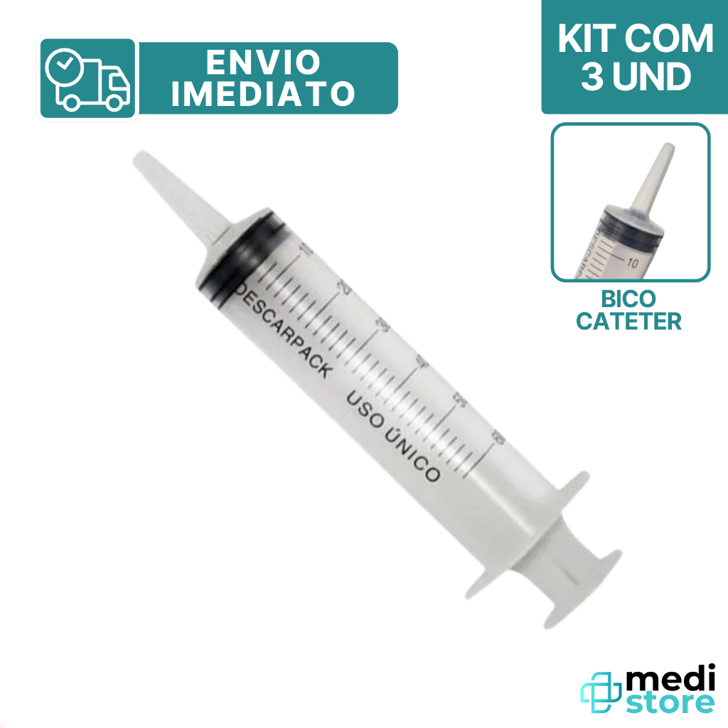 Kit com 3 - Seringa 60 ml Descartável - Bico Tipo Cateter Sem Agulha - Descarpack - Envio Imediato em Oferta na Shopee