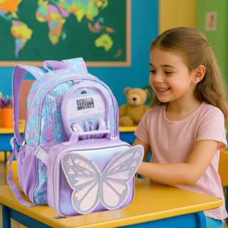 Mochila Infantil Feminina Borboleta Lancheira Removível Fone Ouvido Holográfico Floral Paetês em Oferta na Shopee