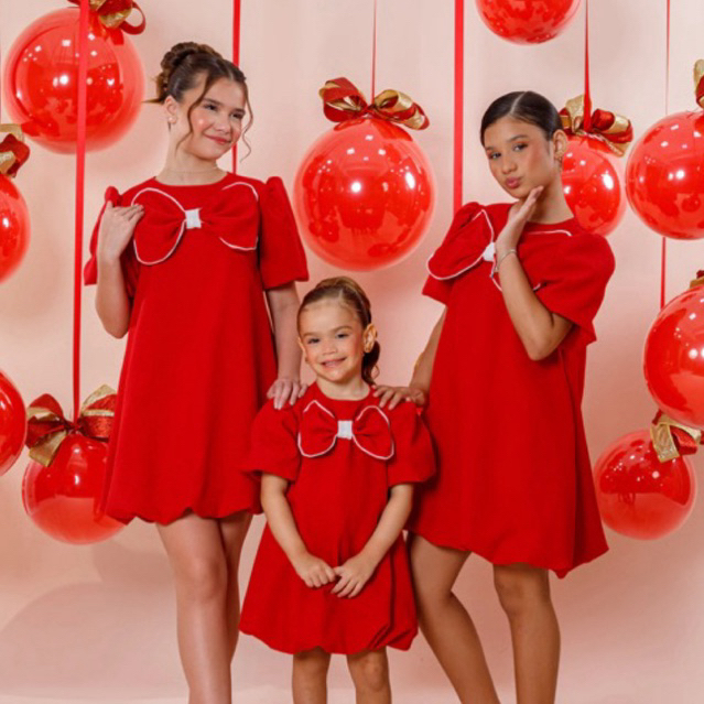 Vestido Infantil Menina Roupa de Natal Vermelho Balonê Laço Luxo 4 ao 14