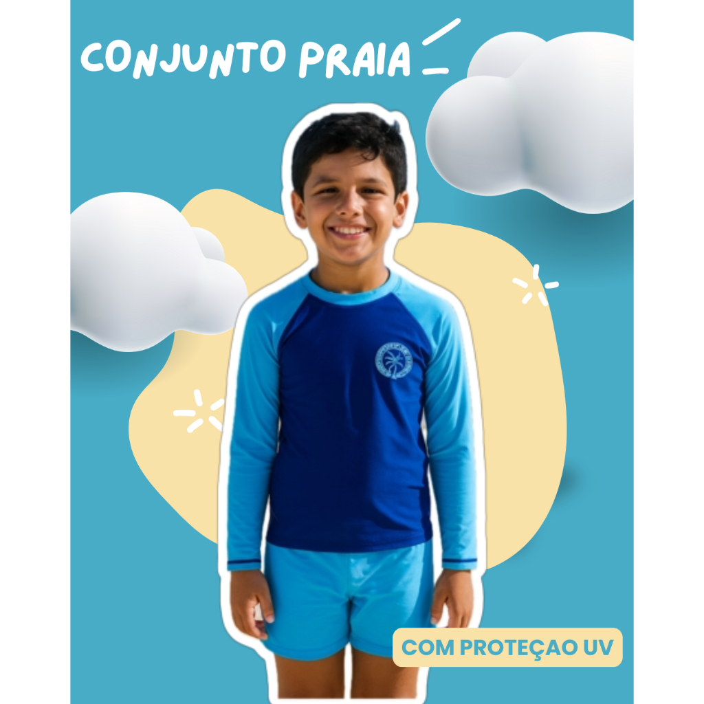 Conjunto praia mar piscina menino sol short blusa proteção uv natação água verão viagem traje sunga