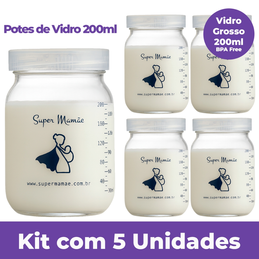 Kit com 5 Potes de Vidro 200ml para Leite Materno – Vidro Grosso, BPA Free, Tampa Rosqueável