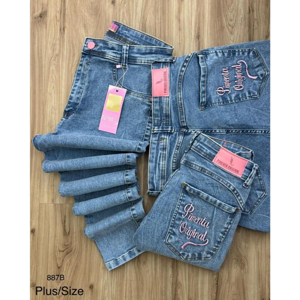 Calça Jeans Feminina Plus Size Cintura Alta Sal E Pimenta em Oferta na Shopee