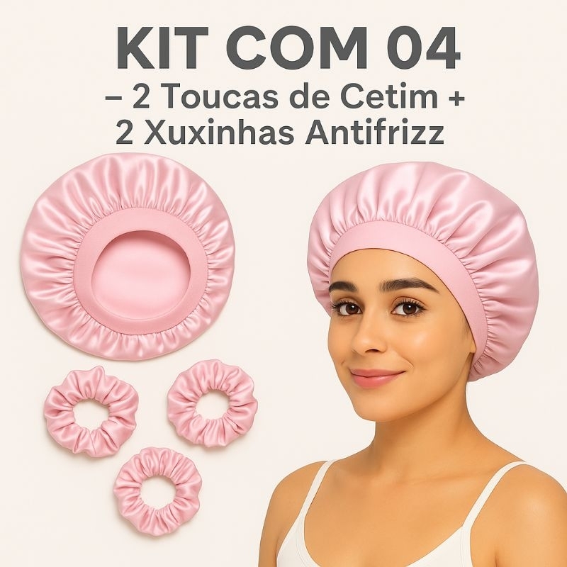 Combo 2 Toucas Cetim com Faixa + 2 Scrunchies Antifrizz Cores Sortidas