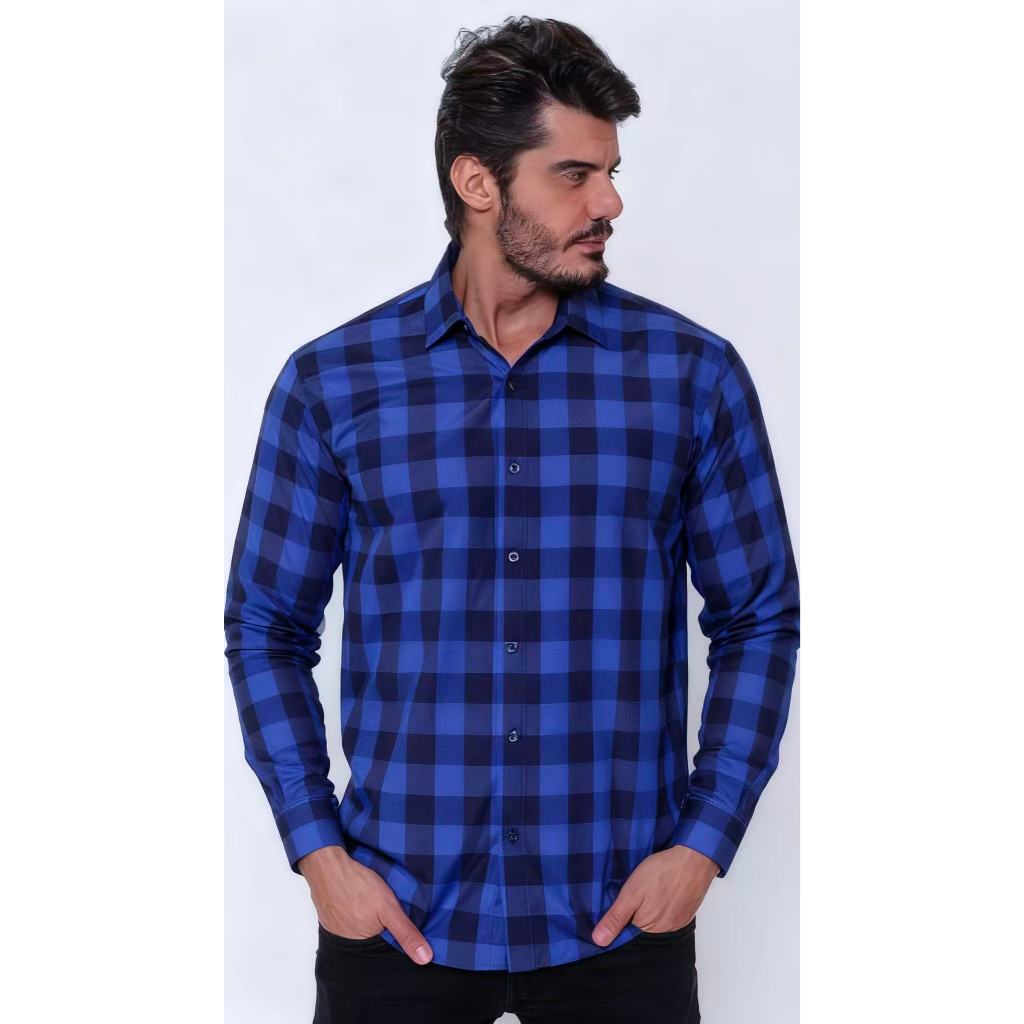 Camisa masculina casual xadrez de manga comprida