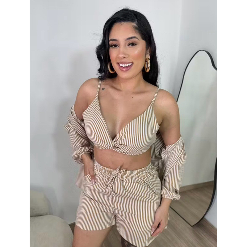 Conjunto feminino 3 pecas kimono Camisa + cropped e short tecido listrado