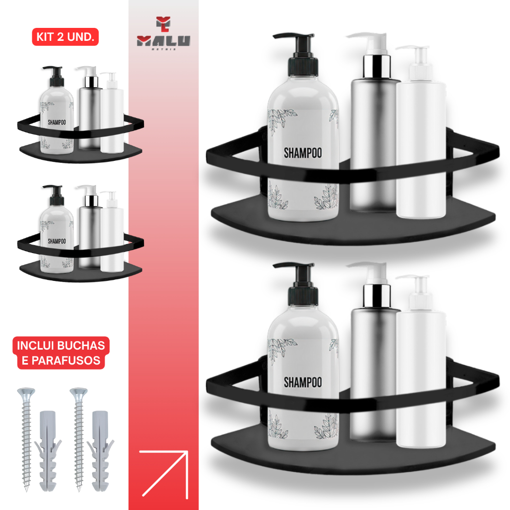 PORTA SHAMPOO PRATELEIRA BANHEIRO SUPORTE VIDRO TEMPERADO 6MM HASTE ALUMÍNIO CANTO PRETO KIT 2 UN