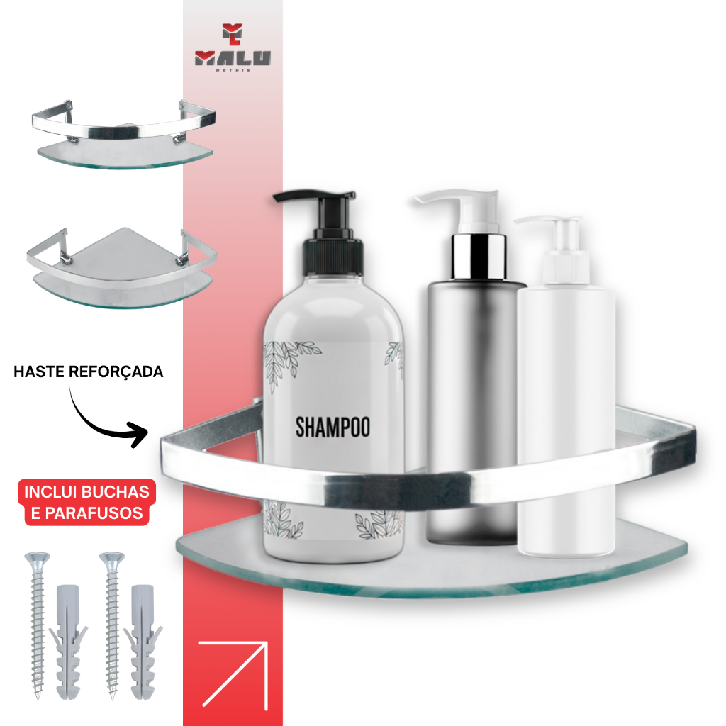 PORTA SHAMPOO PRATELEIRA BANHEIRO SUPORTE VIDRO TEMPERADO 6MM HASTE ALUMÍNIO CANTO LUXO CROMADO KIT 2 UN