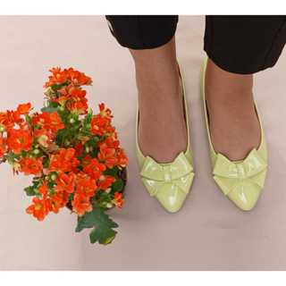 sapatilha bico fino verniz amarelo rasteira confortável moda casual dia a dia em Oferta na Shopee