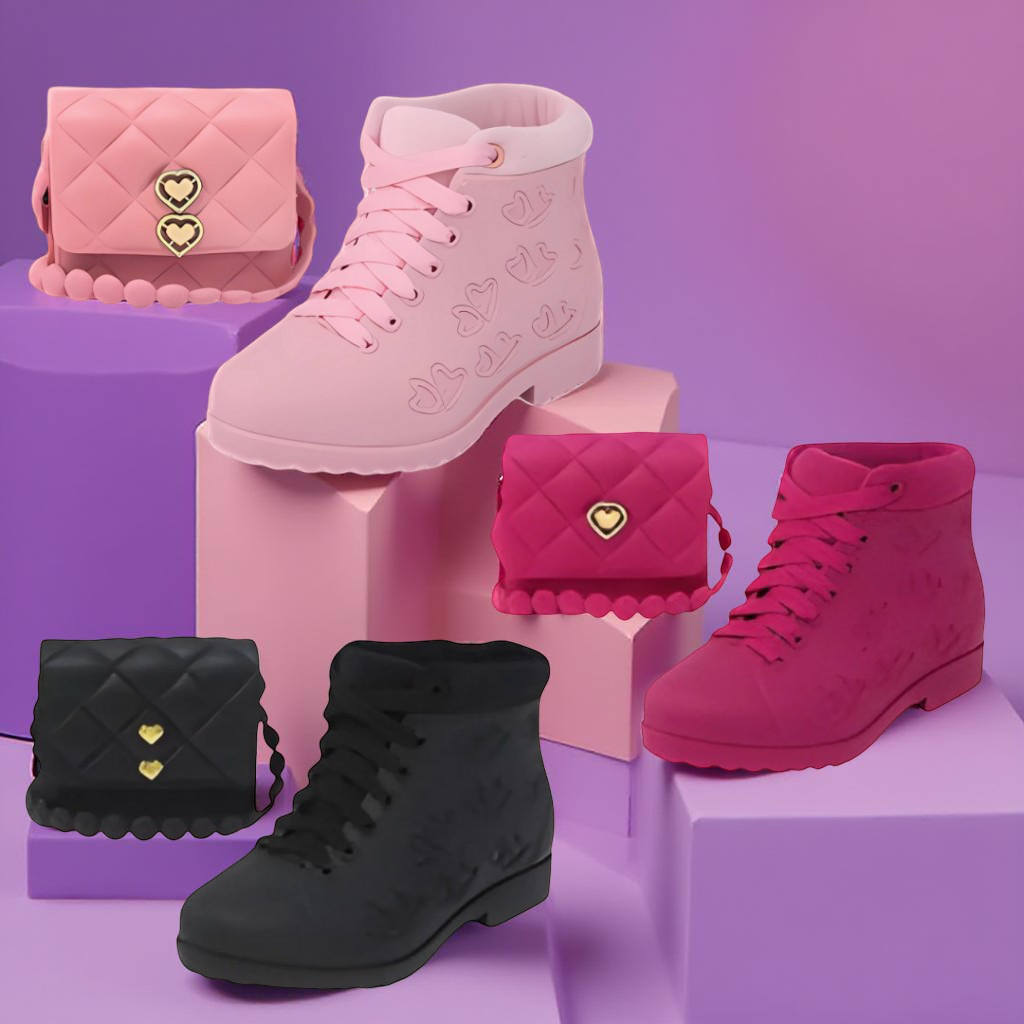 Conjunto Infantil Bota + Bolsinha PVC Coração Feminino | Material Confortável e Impermeável