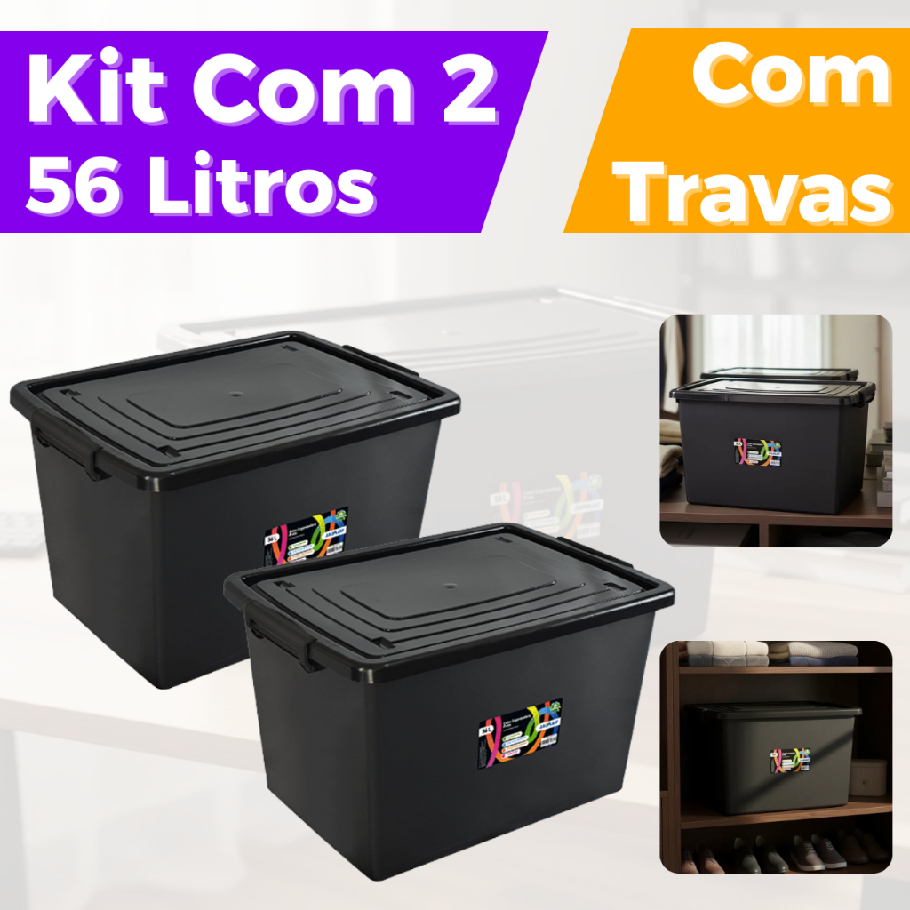 Kit 2 Caixas Organizadoras Com Tampa E Travas 56 Litros Preta Resistente e Reforçada Arqplast em Oferta na Shopee