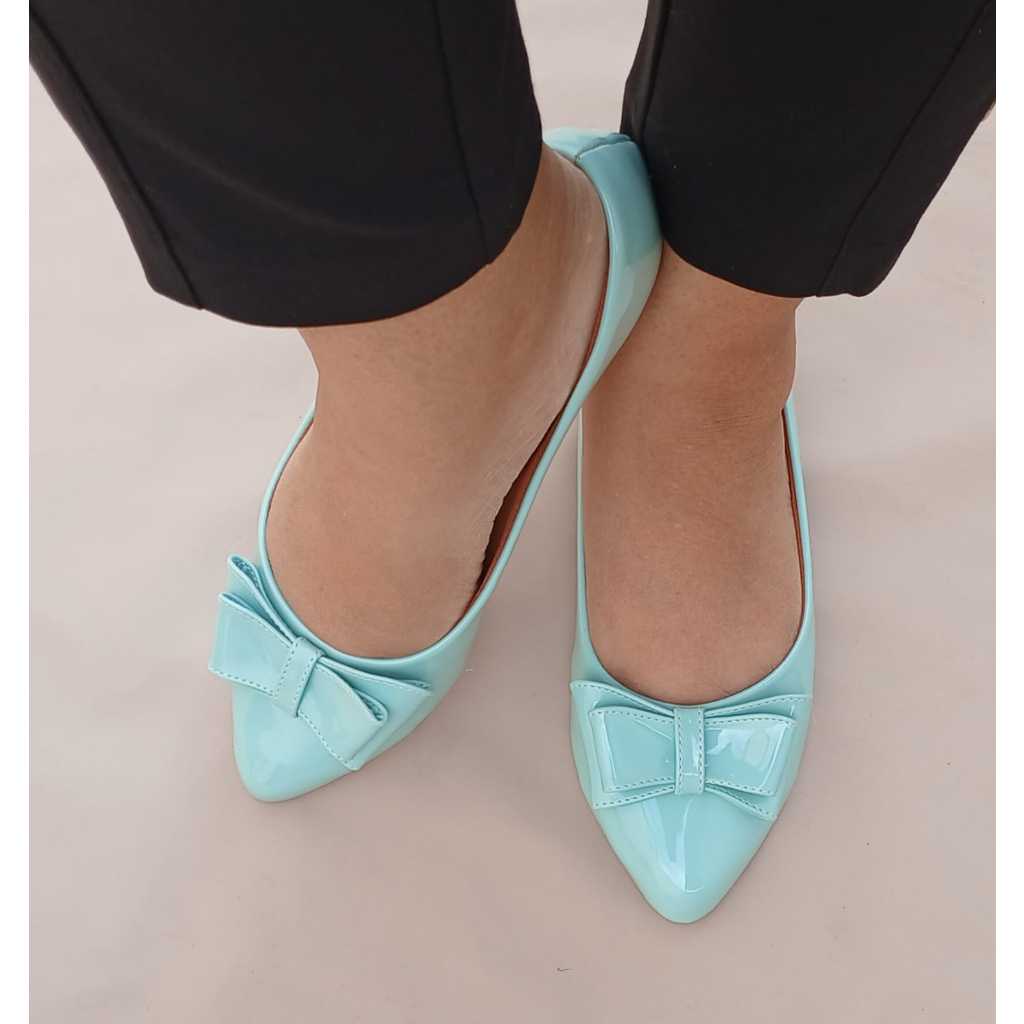 sapatilha Azul bb bico fino sapato rasteira verniz casual dia a dia confortável laço vzaz
