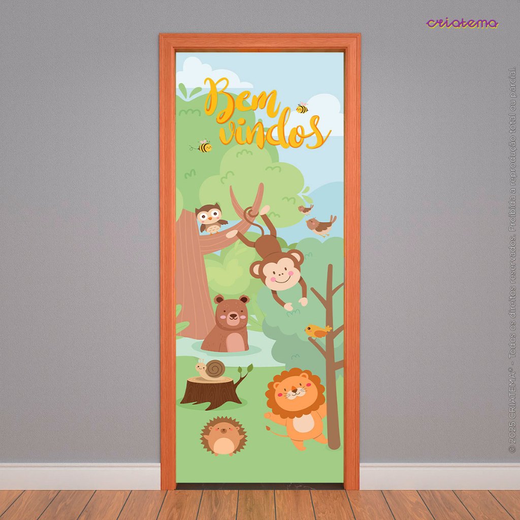 Capa de Porta Quarto Infantil Decoração Bosque Animais Bem-Vindo Em Tecido Sublimado 0,85x2,10m em Oferta na Shopee
