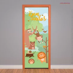 Capa de Porta Quarto Infantil Decoração Bosque Animais Bem-Vindo Em Tecido Sublimado 0,85x2,10m
