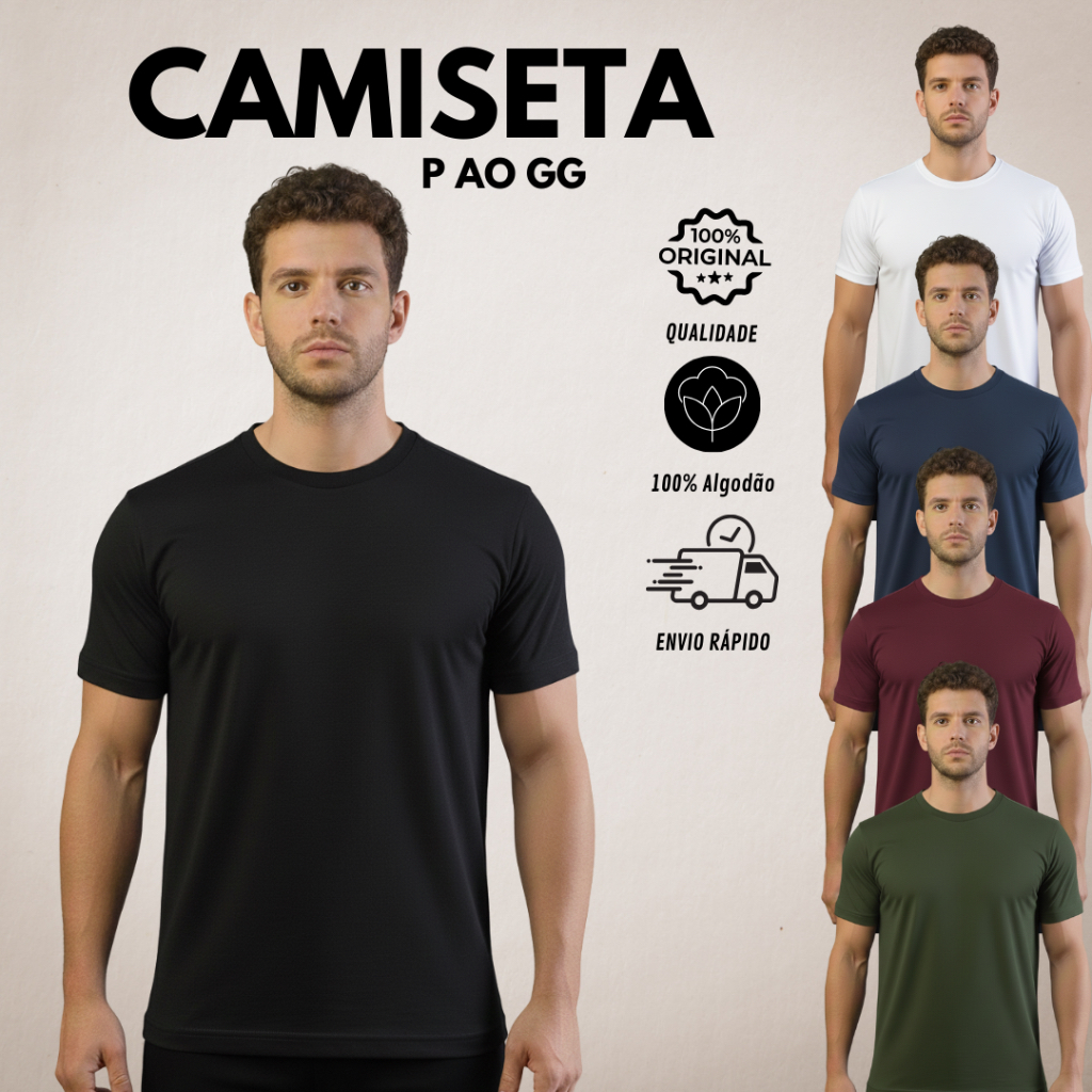 Camiseta Masculina 100% Algodão - Manga Curta básica, lisa, casual, para treino, versátil em Oferta na Shopee