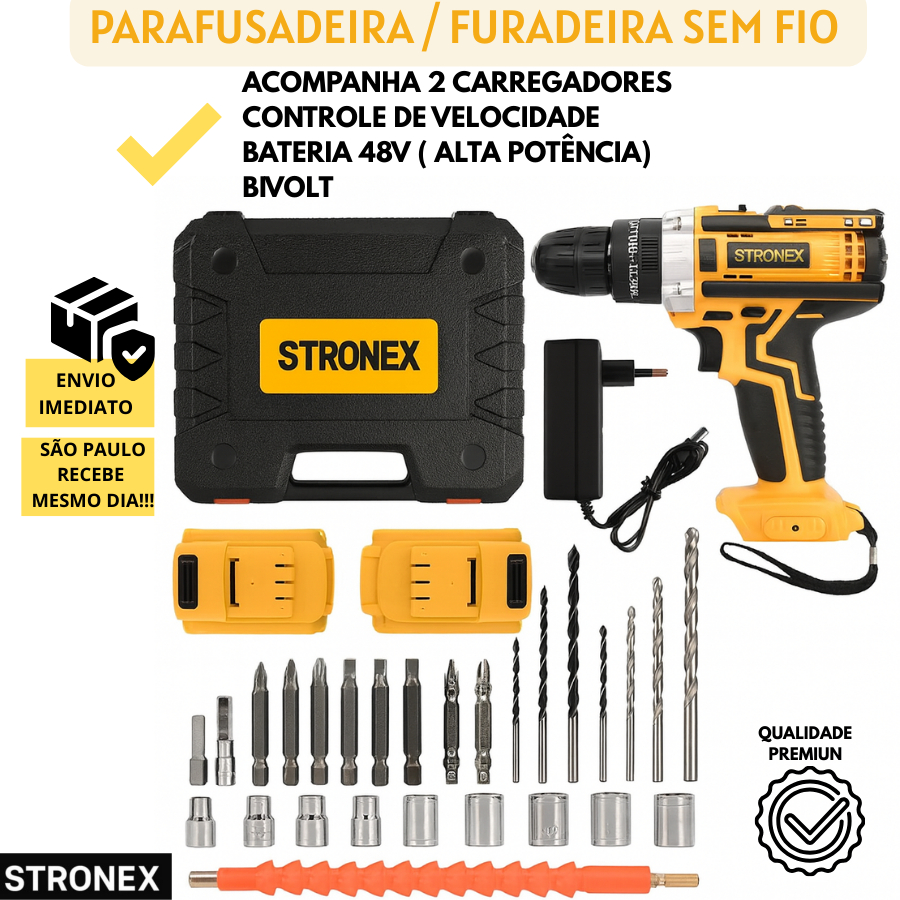 PARAFUSADEIRA FURADEIRA 48V COM DUAS BATERIAS ALTA POTENCIA PORTATIL SEM FIO BIVOLT PARAFUSA BROCA PREMIUM COMPLETA