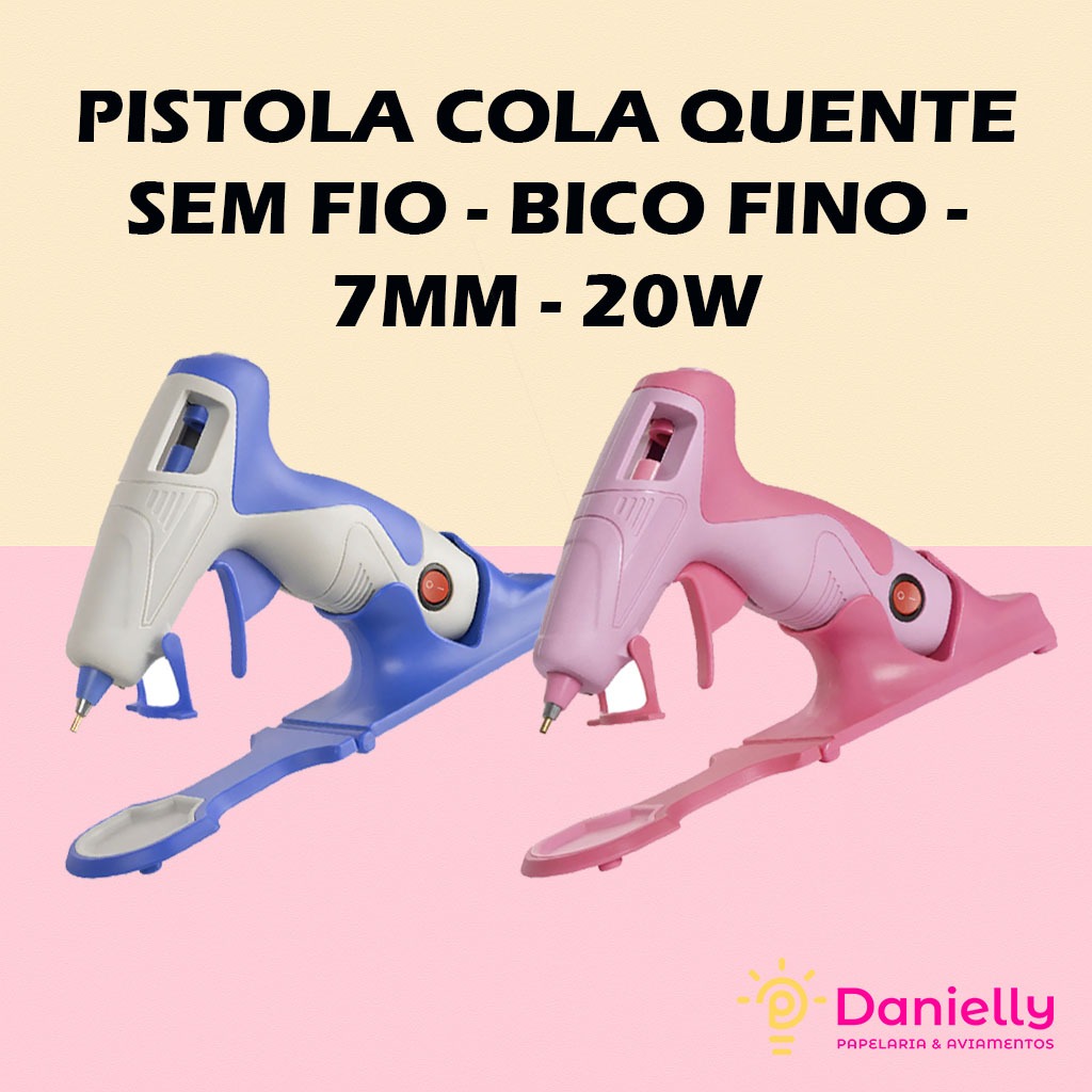 PISTOLA COLA QUENTE SEM FIO - BICO FINO - 7MM - 20W - ROSA/AZUL