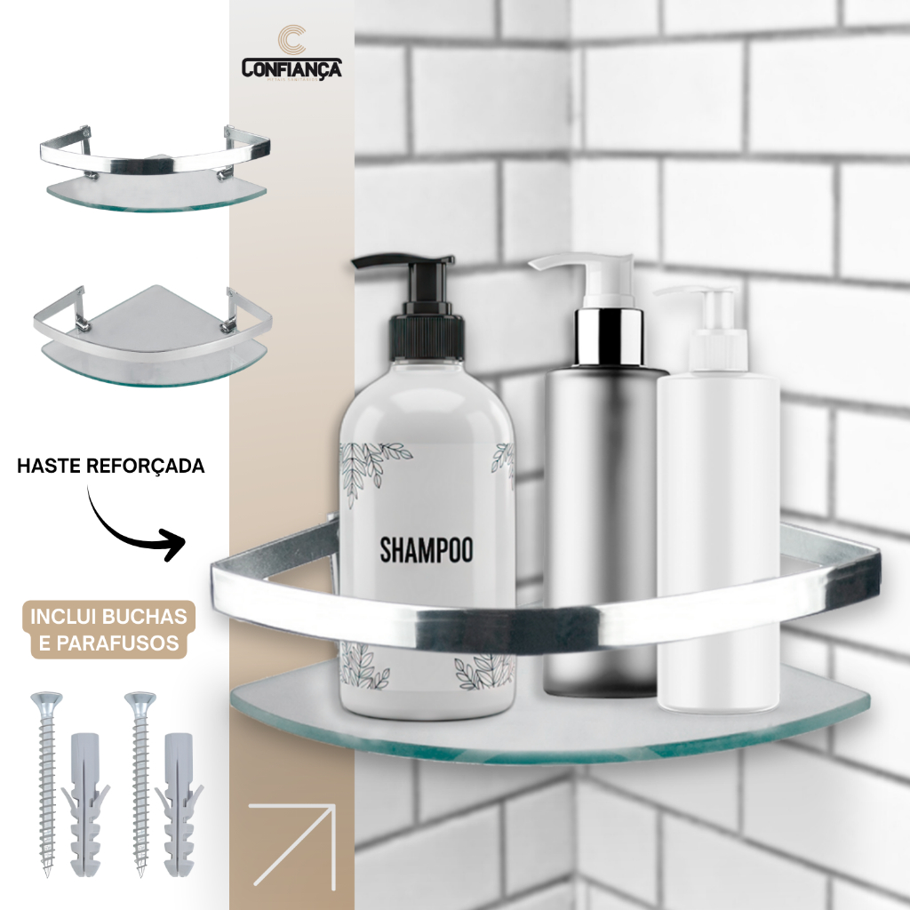 Porta Shampoo Prateleira Banheiro Suporte Vidro Temperado 6mm Haste Alumínio Canto Luxo Cromado