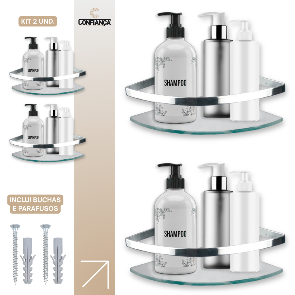 PORTA SHAMPOO PRATELEIRA BANHEIRO SUPORTE VIDRO TEMPERADO 6MM HASTE ALUMINIO CANTO CROMADO KIT 2 UN
